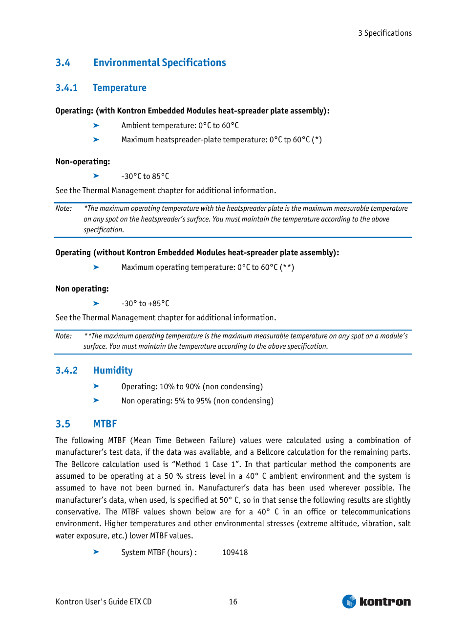 Environmental specifications, Temperature, Humidity | Mtbf, 4 environmental specifications, 5 mtbf | Intel ETX CD User Manual | Page 16 / 91