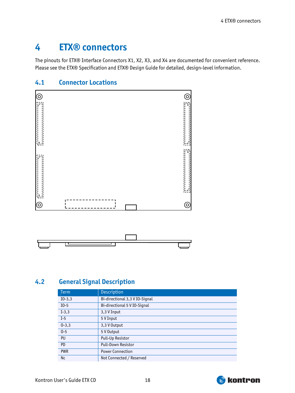 Etx® connectors, Connector locations, General signal description | 4etx® connectors, Side view, Top view, 1 connector locations, 2 general signal description | Intel ETX CD User Manual | Page 18 / 91