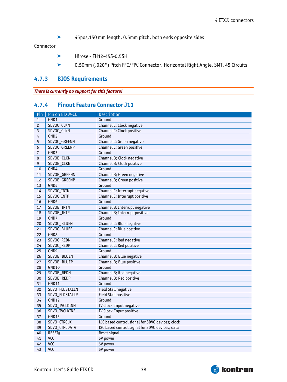 Bios requirements, Pinout feature connector j11, 3 bios requirements | 4 pinout feature connector j11 | Intel ETX CD User Manual | Page 38 / 91