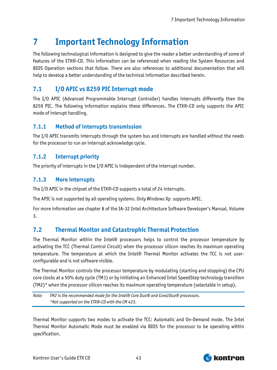 Important technology information, I/o apic vs 8259 pic interrupt mode, Method of interrupts transmission | Interrupt priority, More interrupts, 7important technology information | Intel ETX CD User Manual | Page 43 / 91