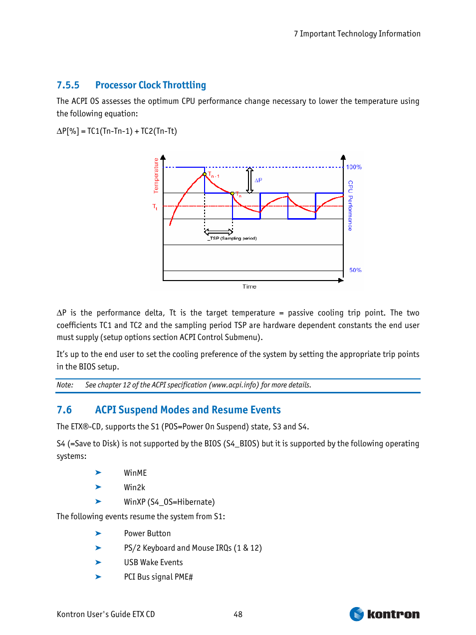 Processor clock throttling, Acpi suspend modes and resume events, 6 acpi suspend modes and resume events | 5 processor clock throttling | Intel ETX CD User Manual | Page 48 / 91