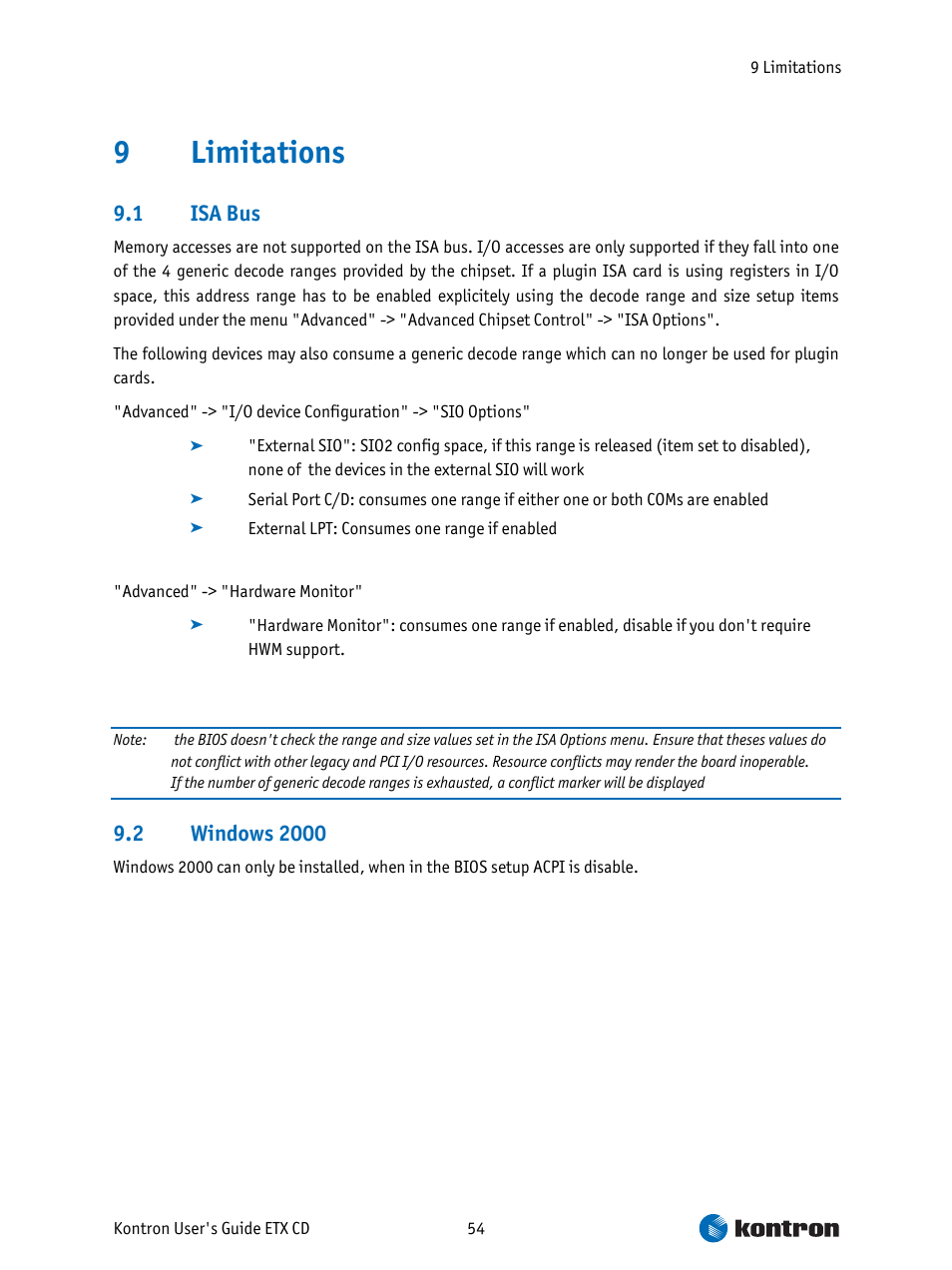 Limitations, Isa bus, Windows 2000 | 9limitations, 1 isa bus | Intel ETX CD User Manual | Page 54 / 91