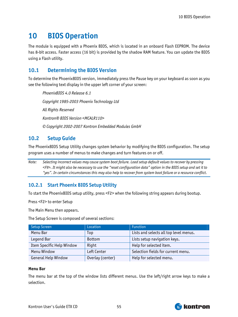 Bios operation, Determining the bios version, Setup guide | Start phoenix bios setup utility, 10 bios operation, 1 determining the bios version, 2 setup guide | Intel ETX CD User Manual | Page 55 / 91