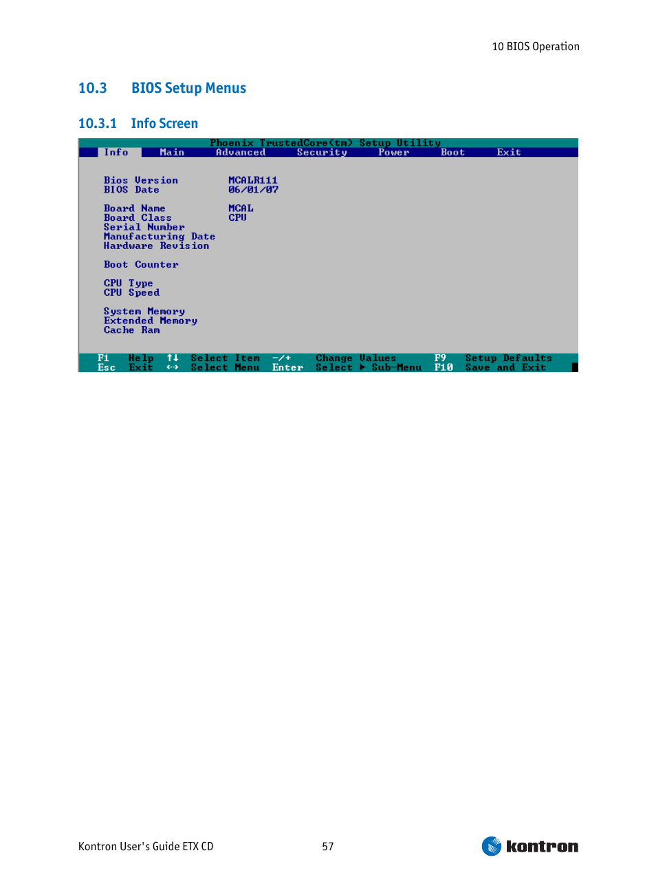 Bios setup menus, Info screen, 3 bios setup menus | Intel ETX CD User Manual | Page 57 / 91