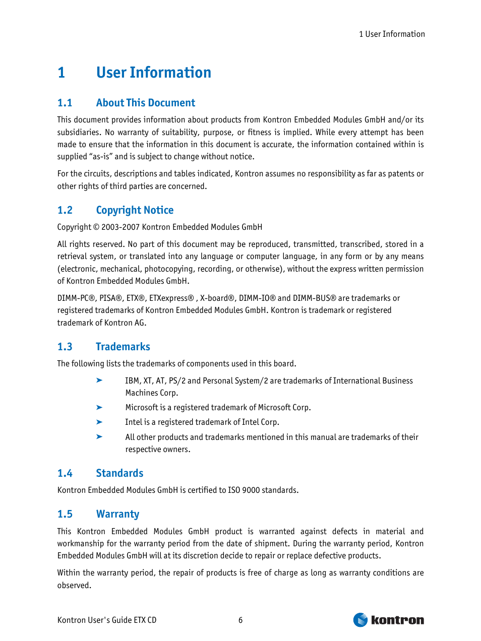 User information, About this document, Copyright notice | Trademarks, Standards, Warranty, 1user information | Intel ETX CD User Manual | Page 6 / 91