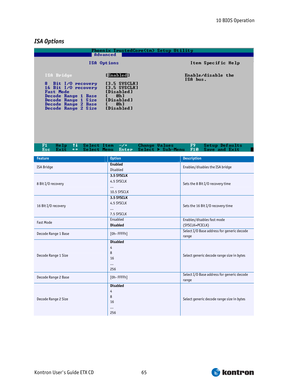 Isa options, 10 bios operation kontron user's guide etx cd 65 | Intel ETX CD User Manual | Page 65 / 91