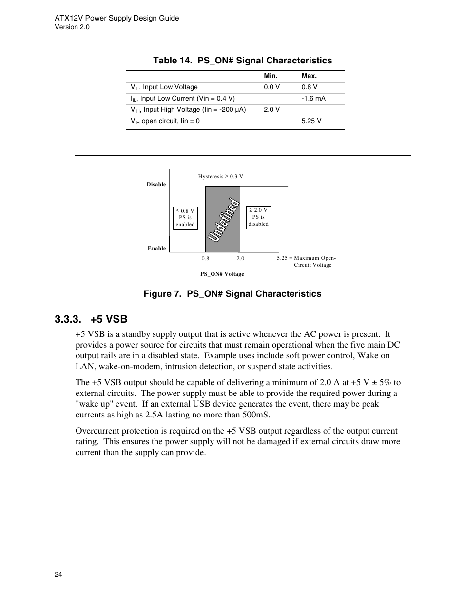 +5 vsb, Figure 7. ps_on# signal characteristics, Table 14. ps_on# signal characteristics | Enabled whenever the ac power is present. table | Intel ATX12V User Manual | Page 24 / 43