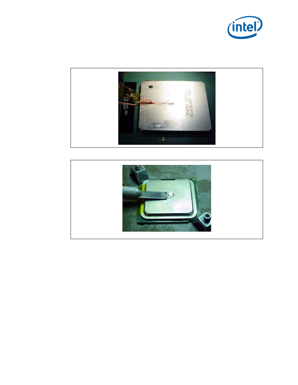 7 thermocouple wire management, Figure 15. thermocouple wire management in groove, Figure 16. removing excess adhesive from ihs | Thermocouple wire management, 15 thermocouple wire management in groove, 16 removing excess adhesive from ihs, Figure 15, Figure 16 | Intel WiFi Link 5100 User Manual | Page 23 / 40