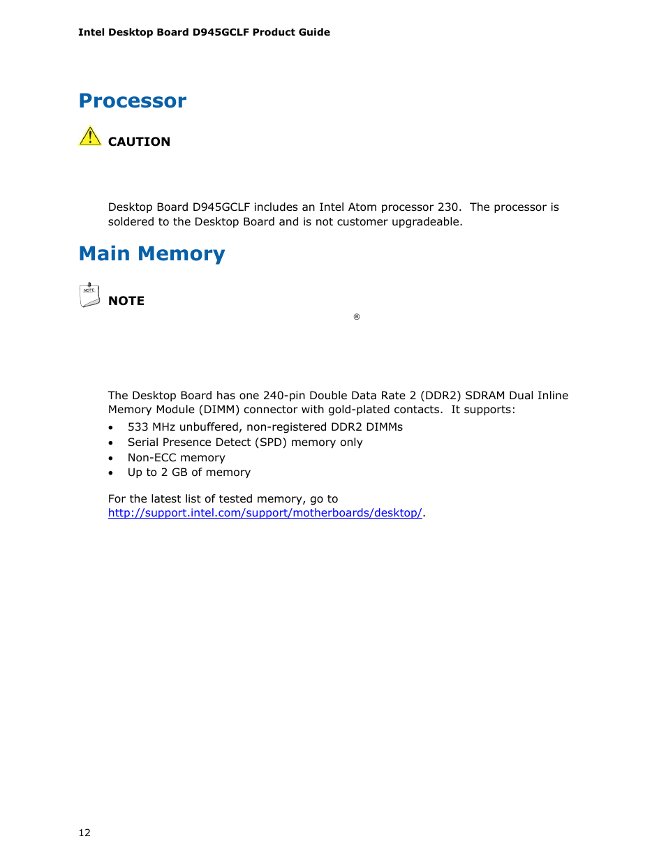 Processor, Main memory | Intel D945GCLF User Manual | Page 12 / 56