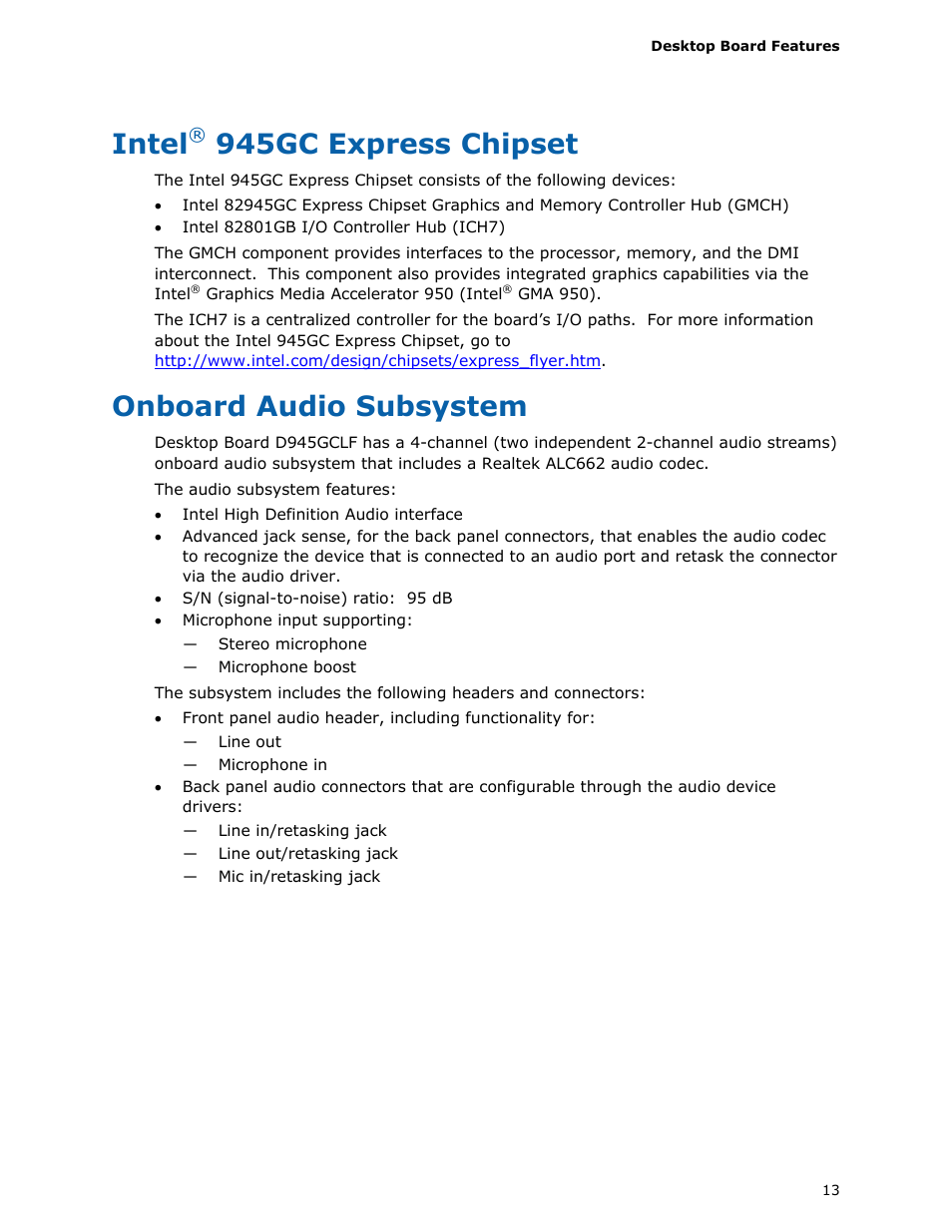 Intel® 945gc express chipset, Onboard audio subsystem, Intel | 945gc express chipset | Intel D945GCLF User Manual | Page 13 / 56