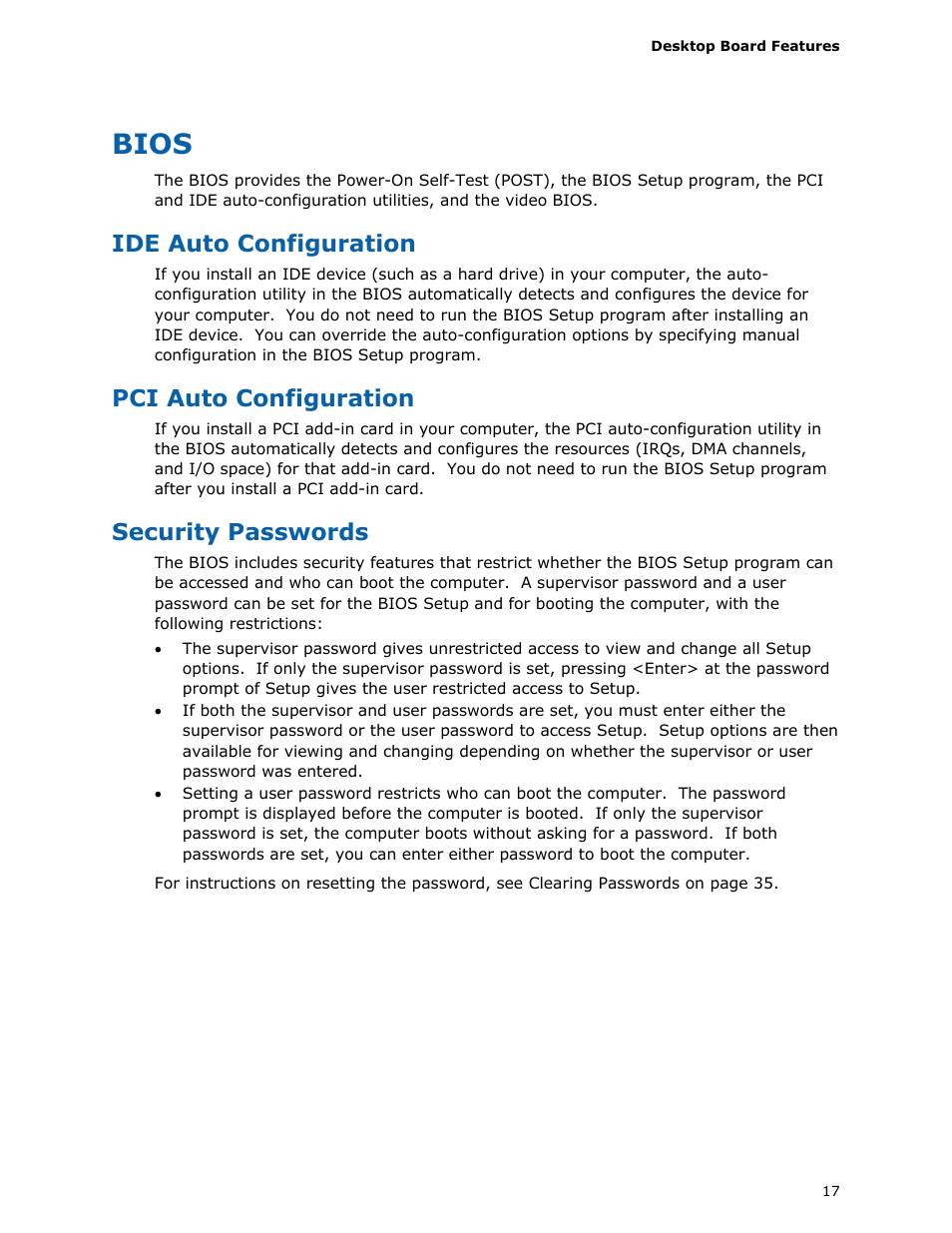 Bios, Ide auto configuration, Pci auto configuration | Security passwords | Intel D945GCLF User Manual | Page 17 / 56