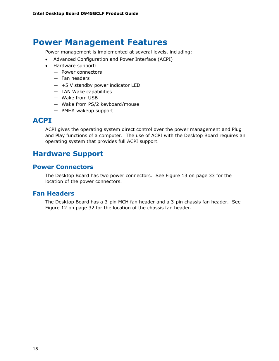 Power management features, Acpi, Hardware support | Intel D945GCLF User Manual | Page 18 / 56