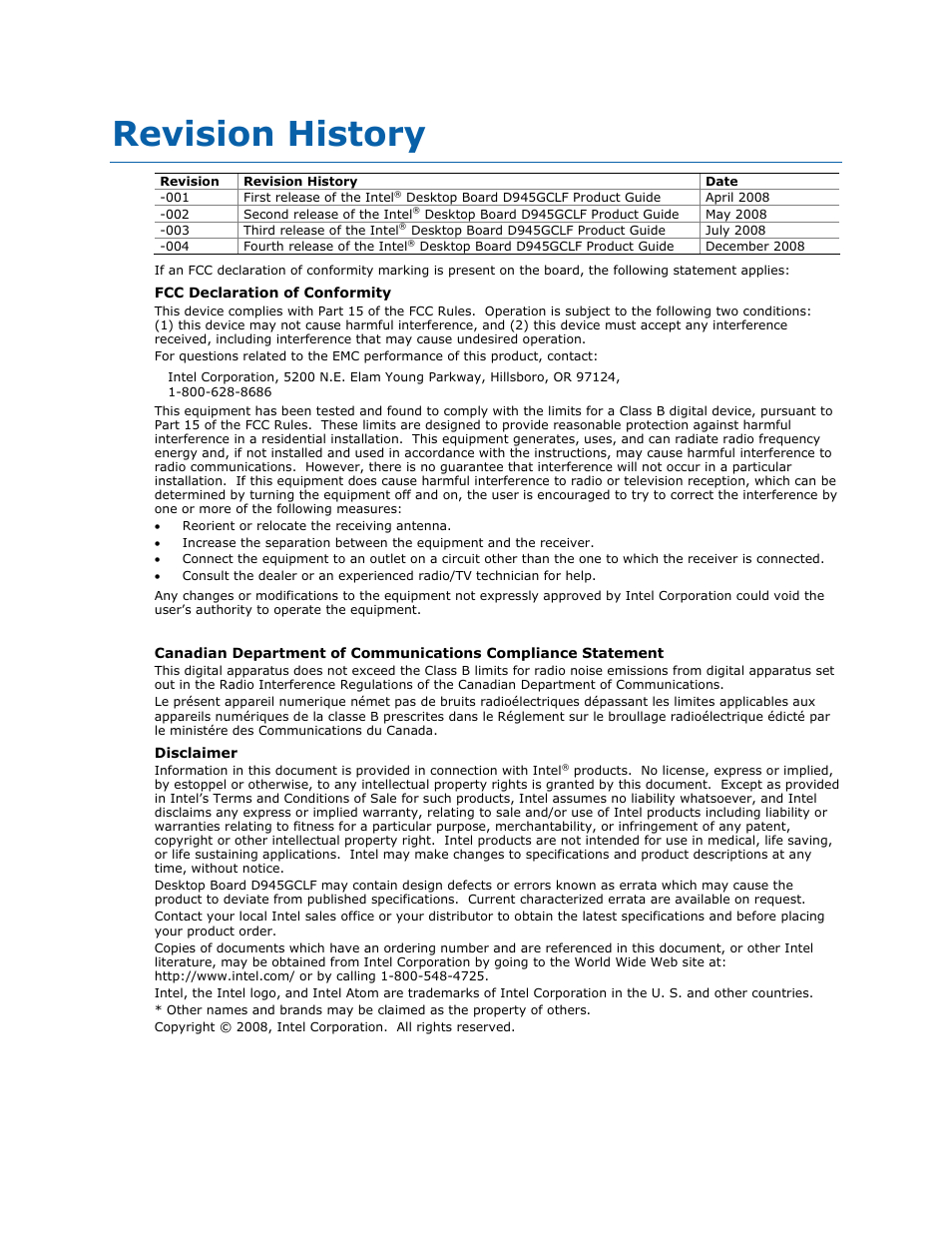 Revision history | Intel D945GCLF User Manual | Page 2 / 56