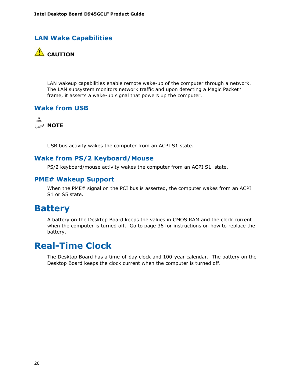 Battery, Real-time clock | Intel D945GCLF User Manual | Page 20 / 56