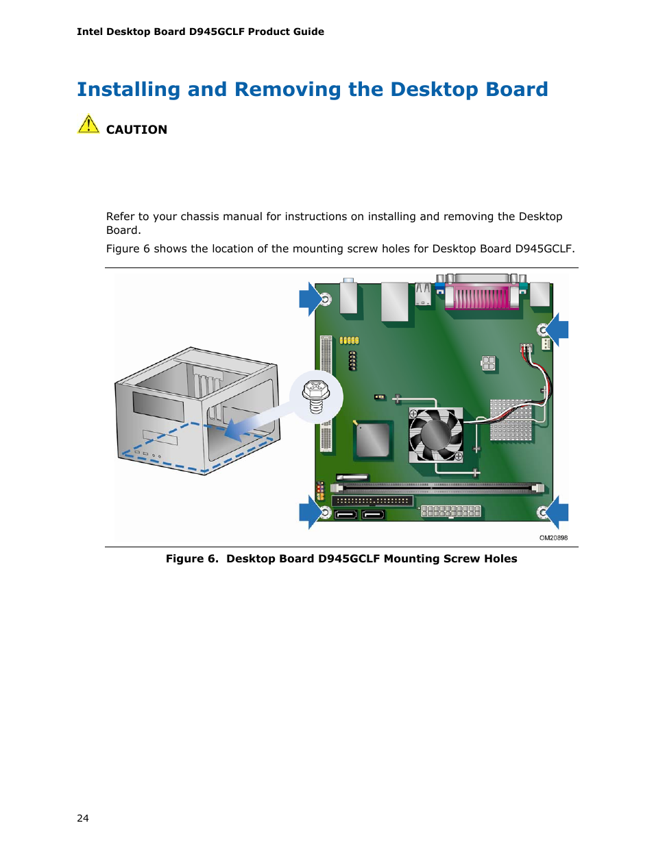 Installing and removing the desktop board | Intel D945GCLF User Manual | Page 24 / 56