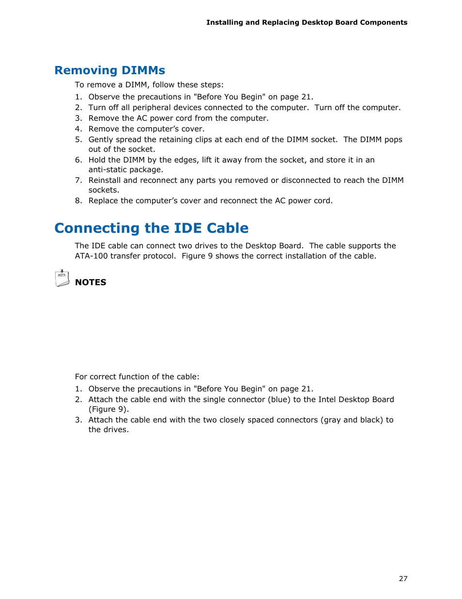 Removing dimms, Connecting the ide cable | Intel D945GCLF User Manual | Page 27 / 56