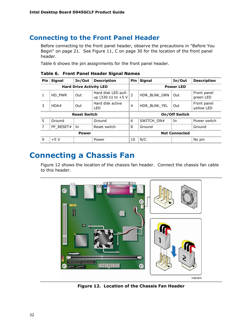 Connecting to the front panel header, Connecting a chassis fan | Intel D945GCLF User Manual | Page 32 / 56