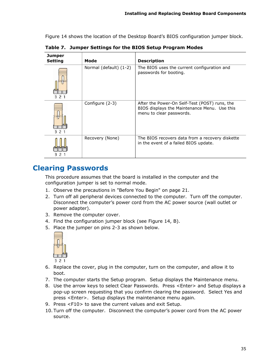 Clearing passwords | Intel D945GCLF User Manual | Page 35 / 56