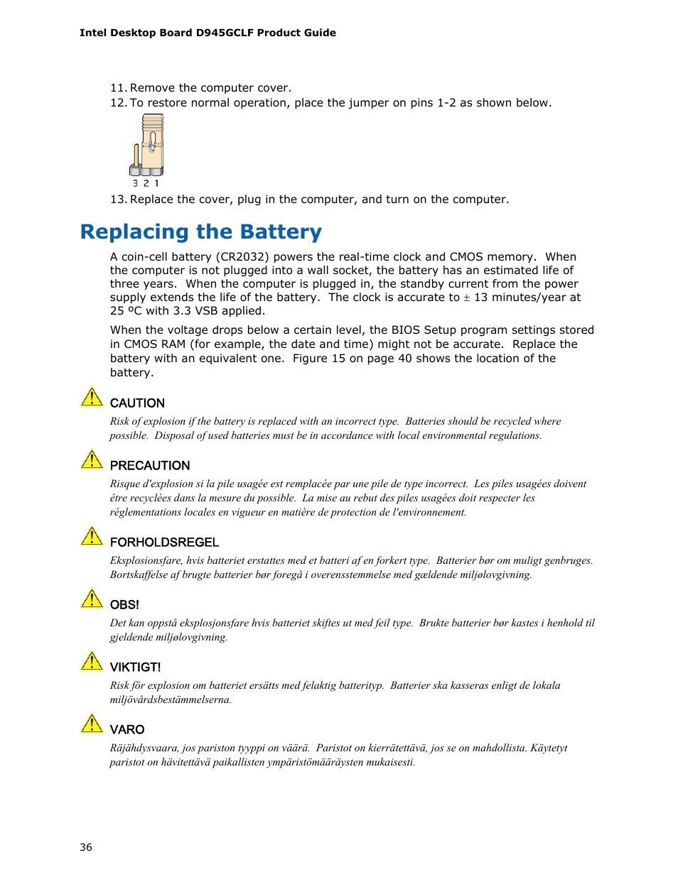 Replacing the battery | Intel D945GCLF User Manual | Page 36 / 56