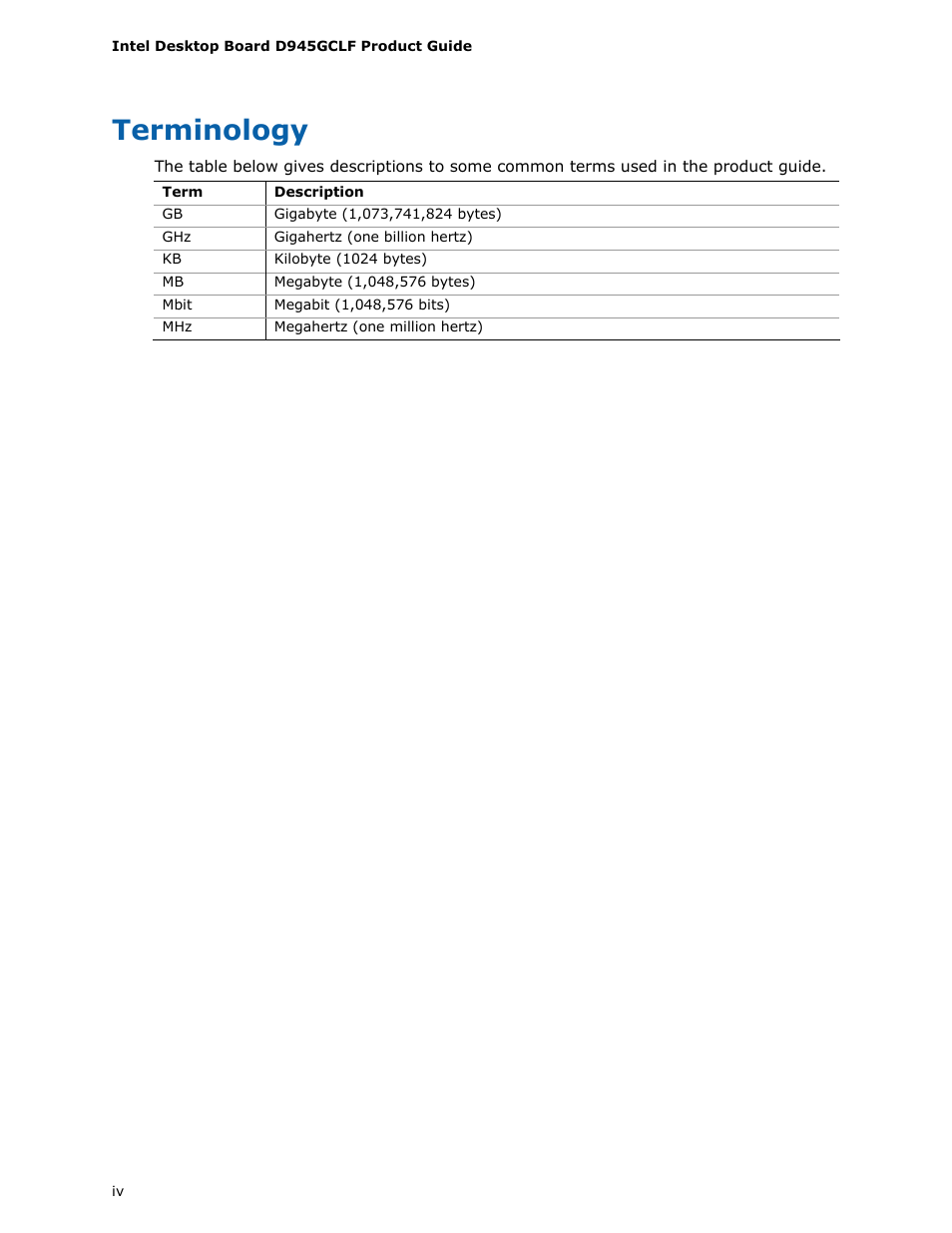 Terminology | Intel D945GCLF User Manual | Page 4 / 56