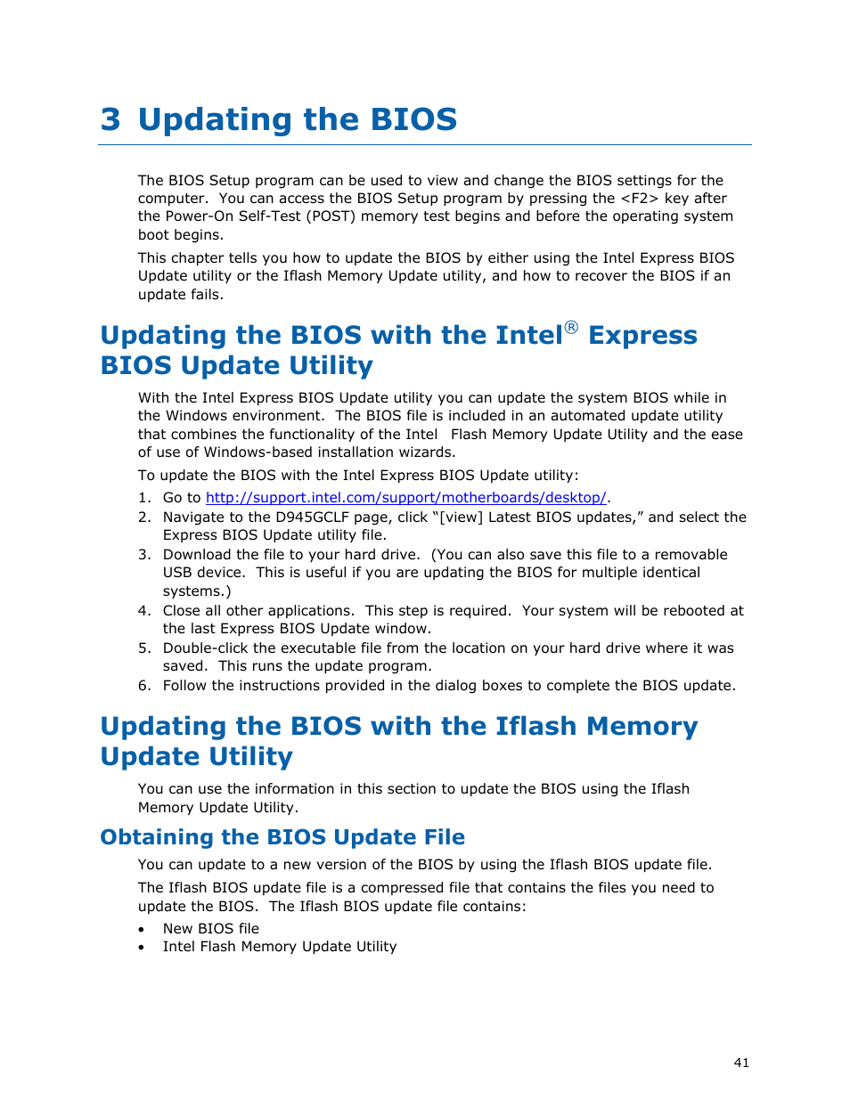 3 updating the bios, Obtaining the bios update file, Updating the bios with the intel | Express bios update utility | Intel D945GCLF User Manual | Page 41 / 56