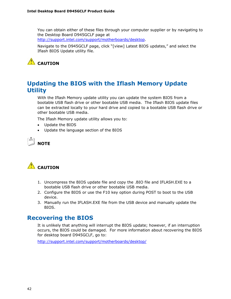 Recovering the bios | Intel D945GCLF User Manual | Page 42 / 56