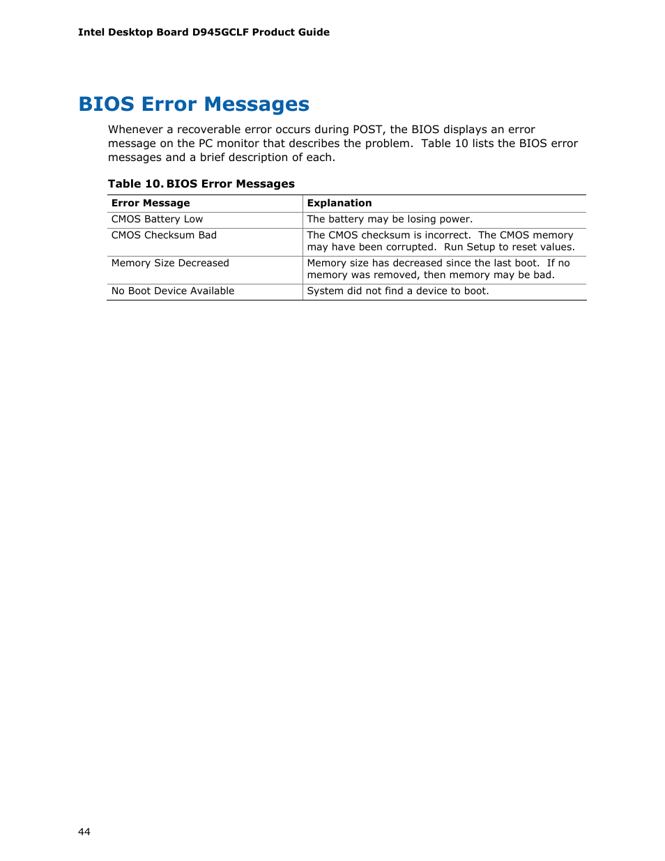 Bios error messages | Intel D945GCLF User Manual | Page 44 / 56