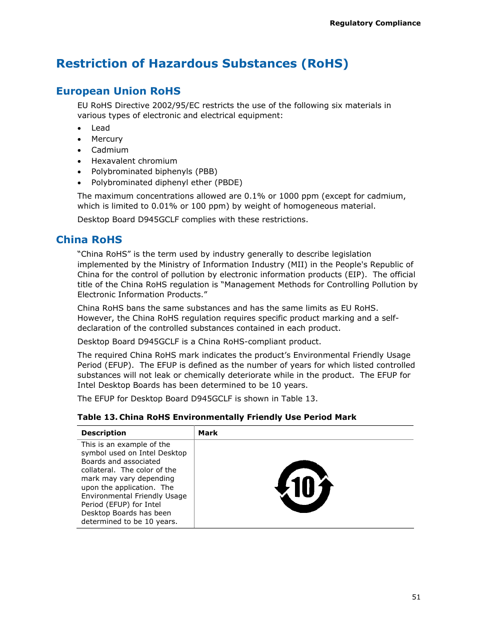 Restriction of hazardous substances (rohs), European union rohs, China rohs | Intel D945GCLF User Manual | Page 51 / 56