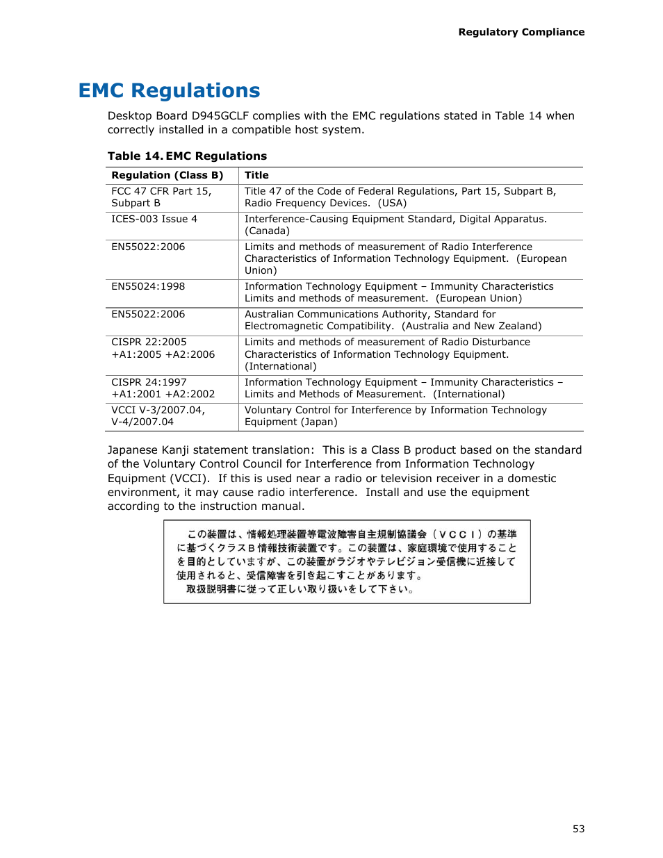 Emc regulations | Intel D945GCLF User Manual | Page 53 / 56