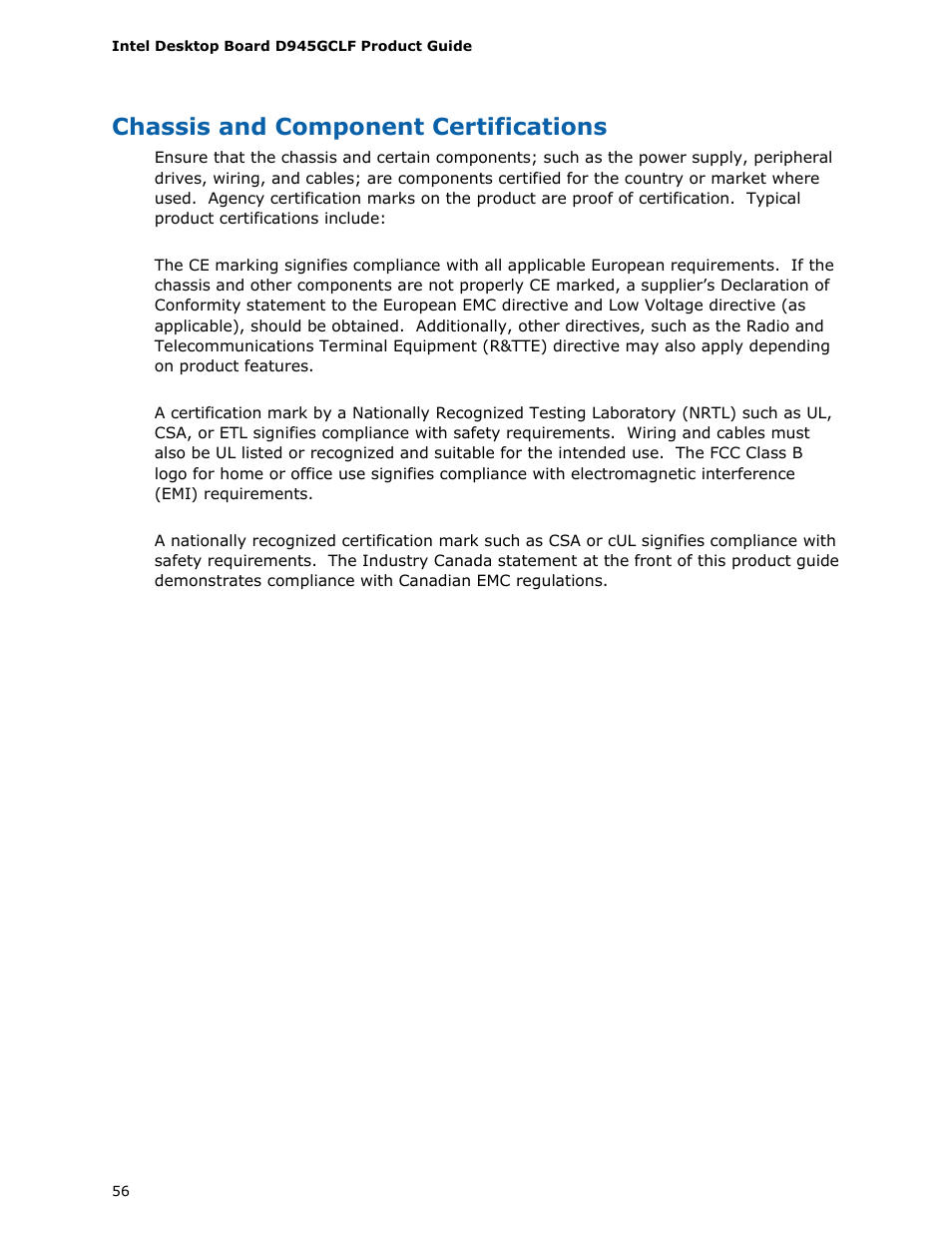 Chassis and component certifications | Intel D945GCLF User Manual | Page 56 / 56