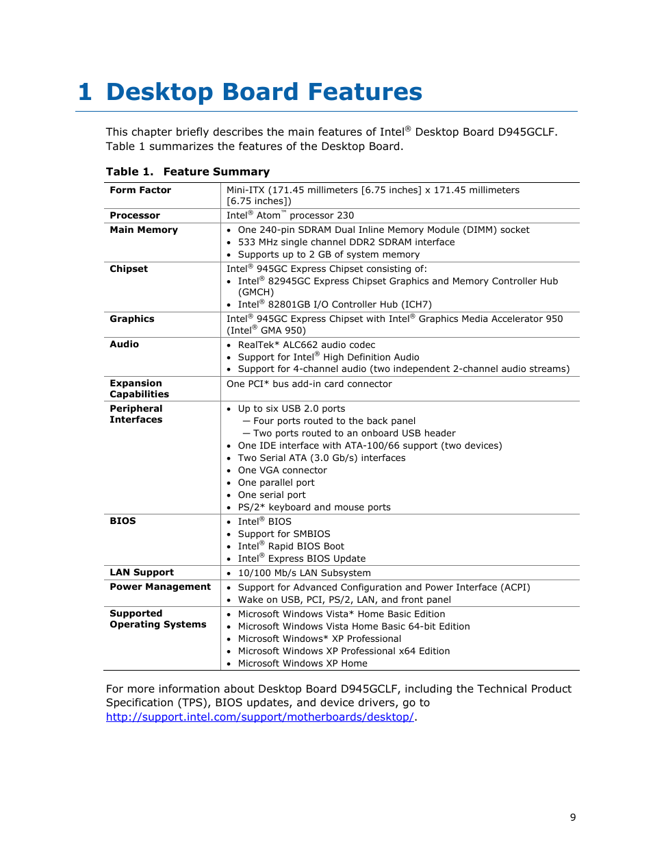 1 desktop board features | Intel D945GCLF User Manual | Page 9 / 56