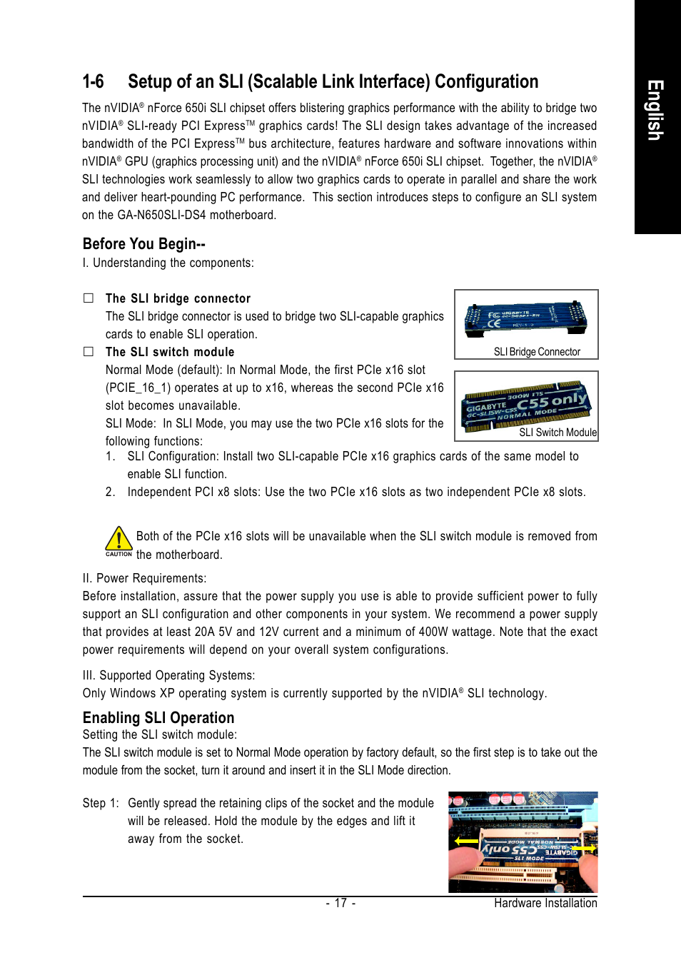 English, Before you begin, Enabling sli operation | Intel GA-N650SLI-DS4 User Manual | Page 17 / 88