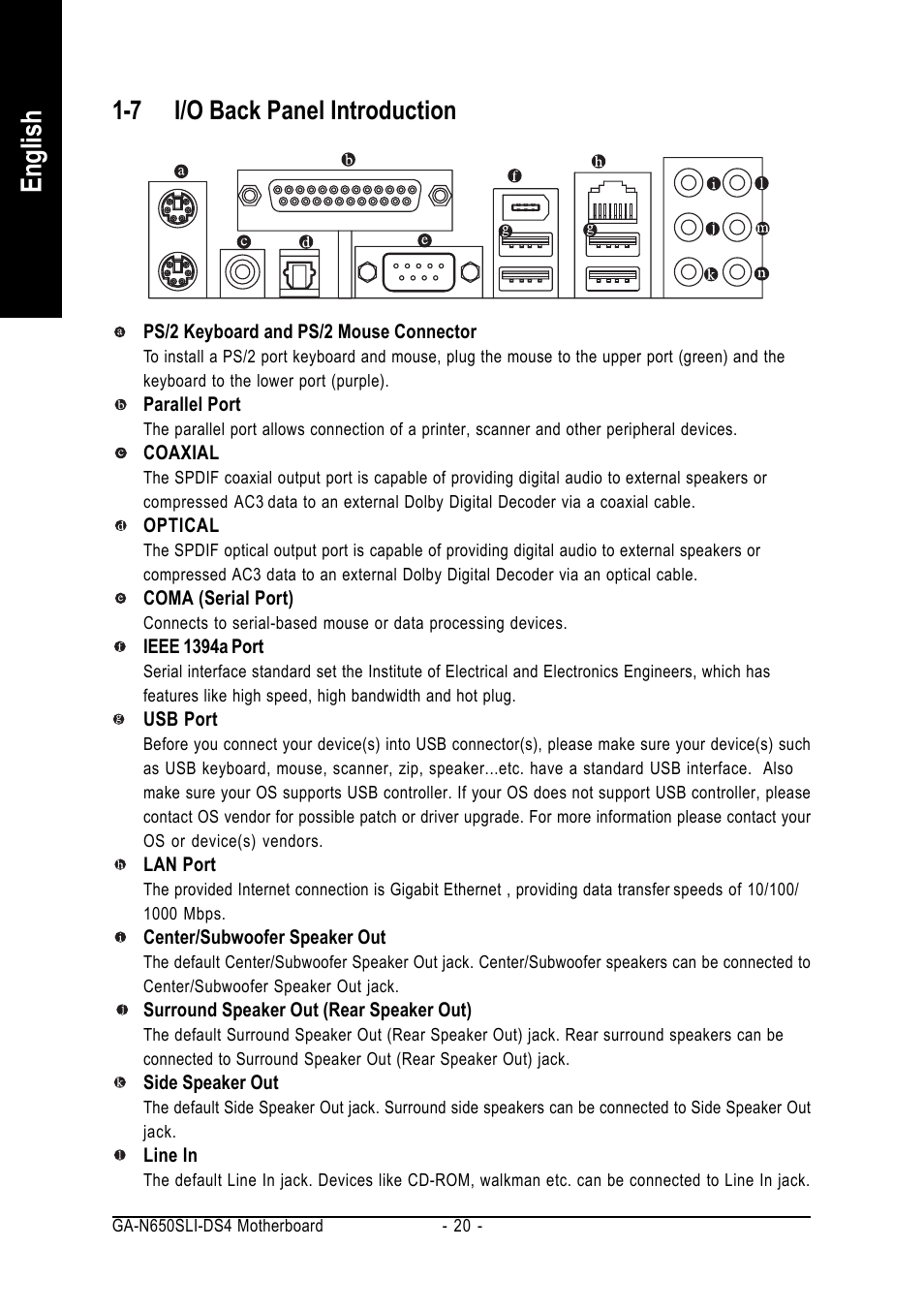 English, 7 i/o back panel introduction | Intel GA-N650SLI-DS4 User Manual | Page 20 / 88