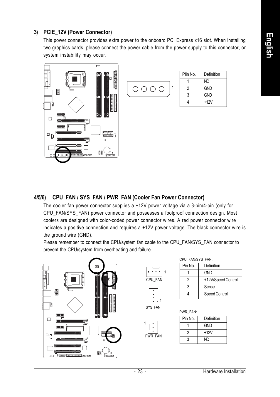 English, 3) pcie_12v (power connector) | Intel GA-N650SLI-DS4 User Manual | Page 23 / 88