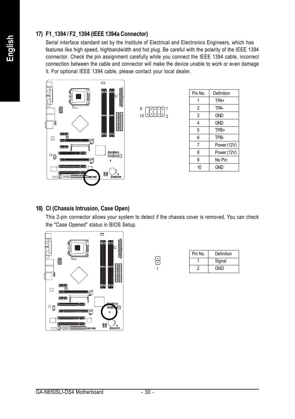 English, 18) ci (chassis intrusion, case open) | Intel GA-N650SLI-DS4 User Manual | Page 30 / 88