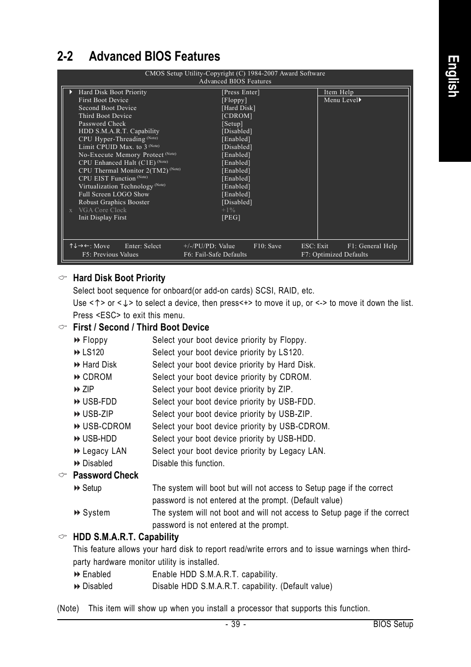 English, 2 advanced bios features, Hard disk boot priority | First / second / third boot device, Password check, Hdd s.m.a.r.t. capability | Intel GA-N650SLI-DS4 User Manual | Page 39 / 88