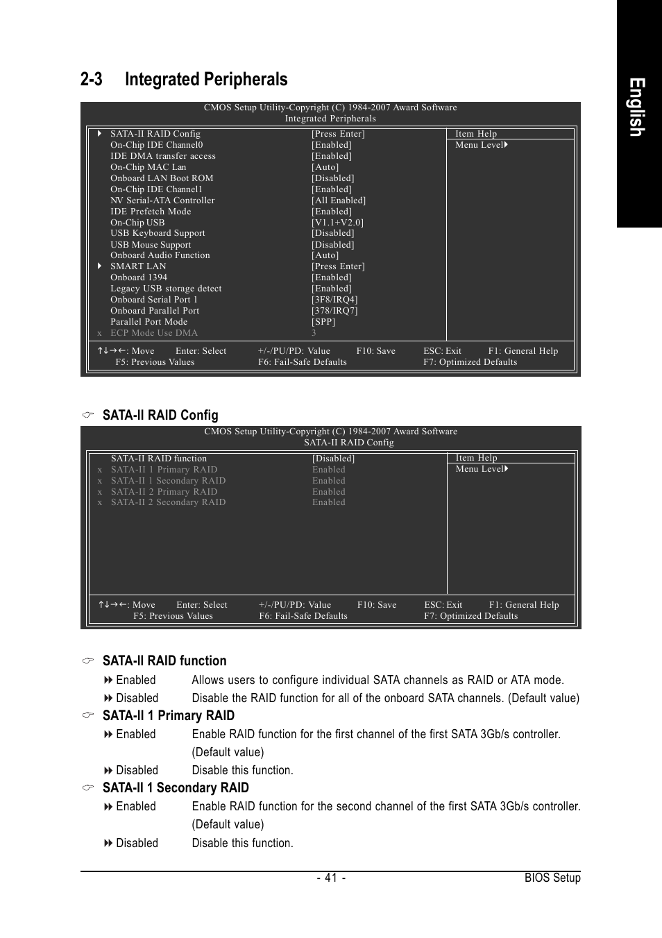 English, 3 integrated peripherals, Sata-ii raid config | Sata-ii raid function, Sata-ii 1 primary raid, Sata-ii 1 secondary raid, Bios setup - 41 | Intel GA-N650SLI-DS4 User Manual | Page 41 / 88