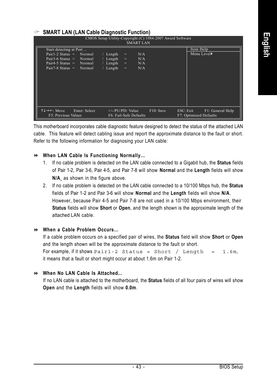 English, Smart lan (lan cable diagnostic function) | Intel GA-N650SLI-DS4 User Manual | Page 43 / 88