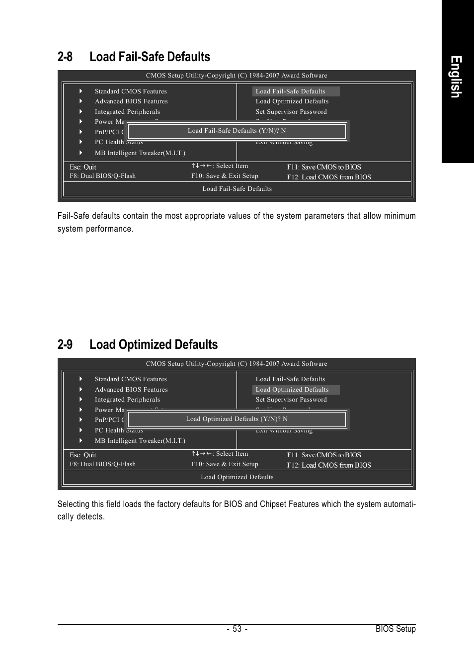 English, 9 load optimized defaults, 8 load fail-safe defaults | Intel GA-N650SLI-DS4 User Manual | Page 53 / 88