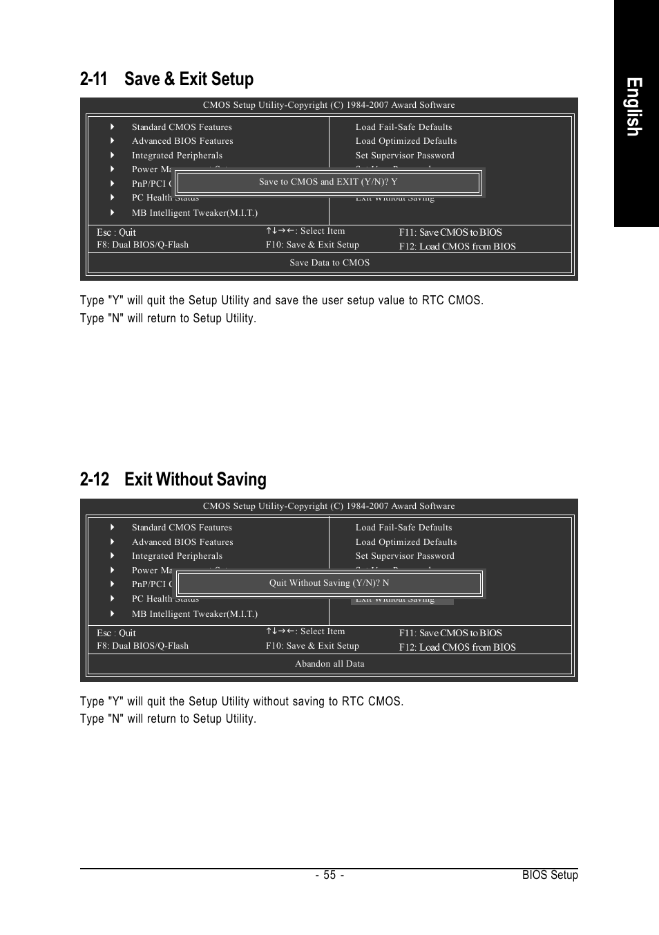 English, 12 exit without saving, 11 save & exit setup | Intel GA-N650SLI-DS4 User Manual | Page 55 / 88