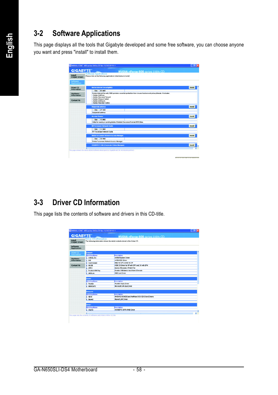 English, 2 software applications, 3 driver cd information | Intel GA-N650SLI-DS4 User Manual | Page 58 / 88