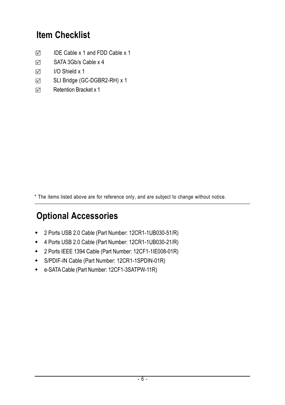Item checklist, Optional accessories | Intel GA-N650SLI-DS4 User Manual | Page 6 / 88
