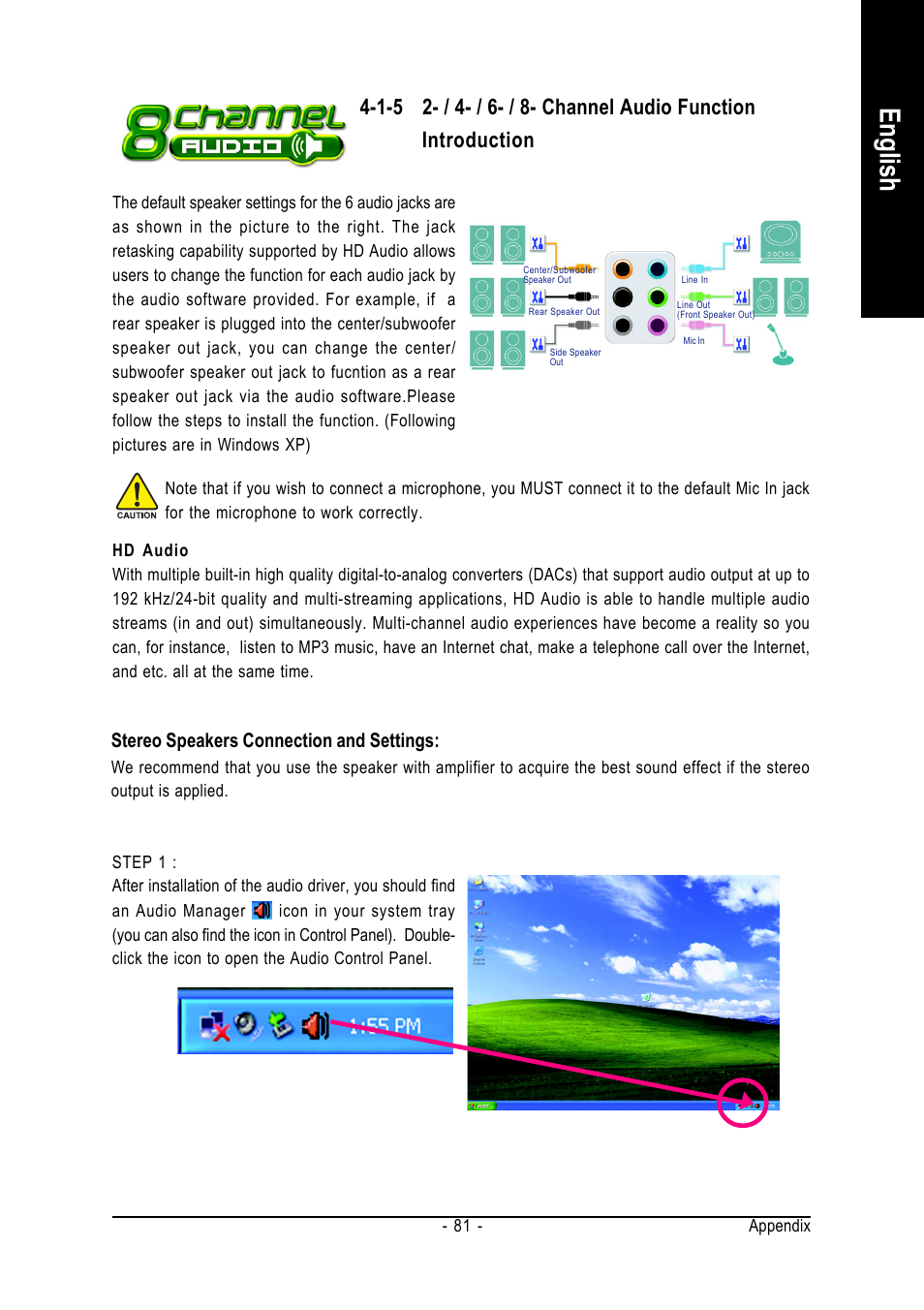 English, Stereo speakers connection and settings | Intel GA-N650SLI-DS4 User Manual | Page 81 / 88