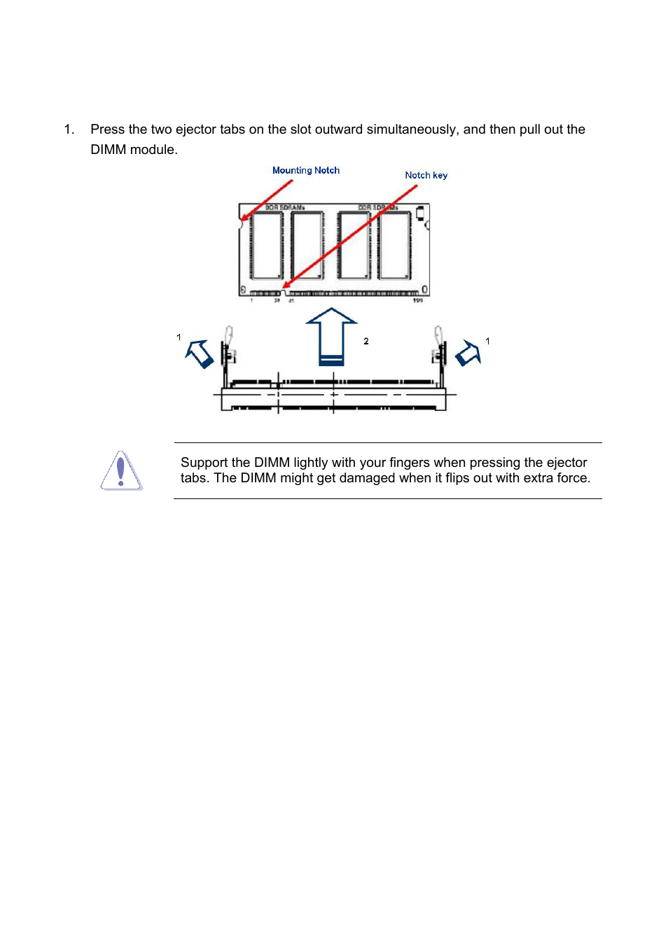 4 removing a ddr2 dimm, Removing a ddr2 dimm | Intel EMX-965GME User Manual | Page 26 / 43