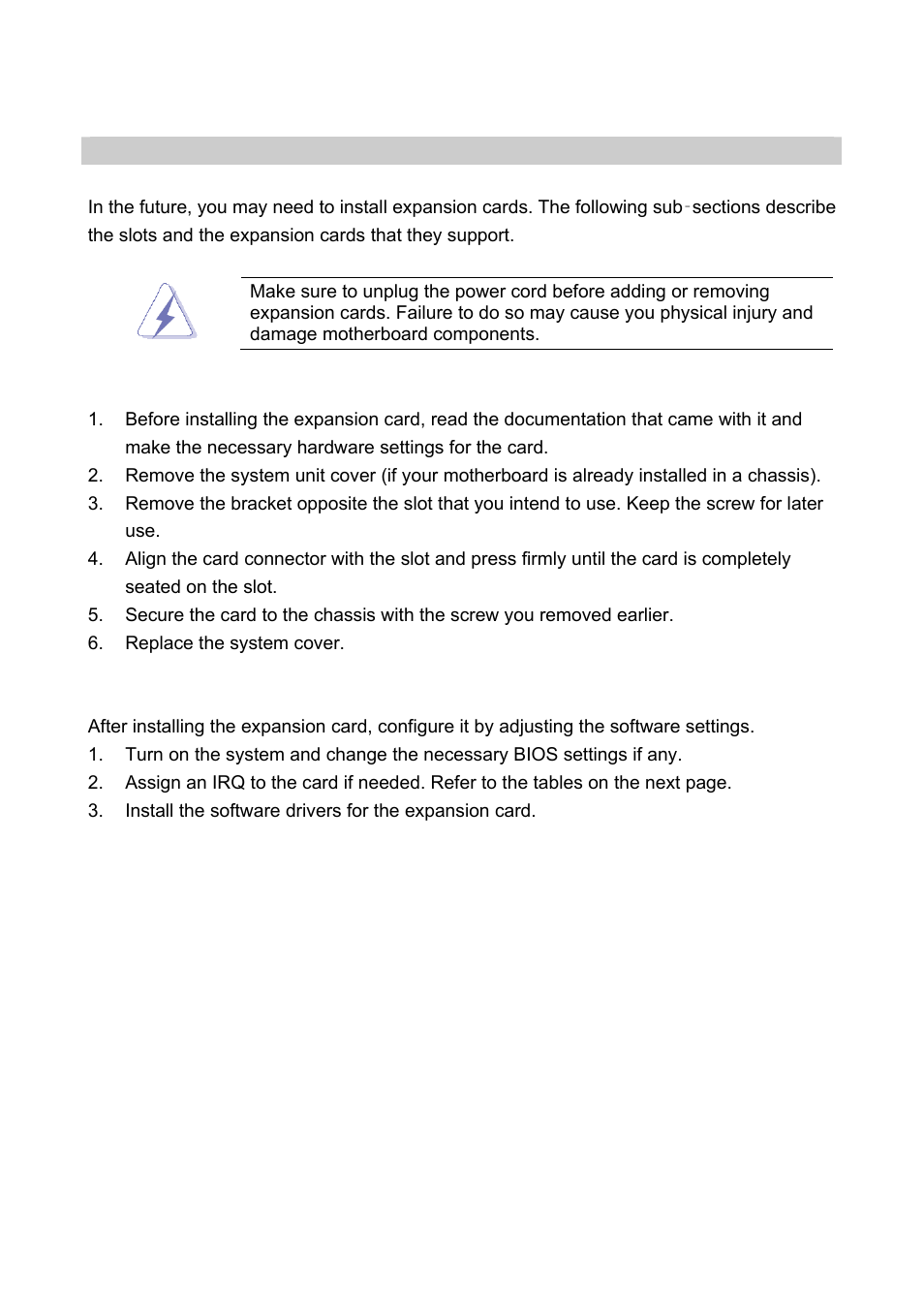 6 expansion slots, 1 installing an expansion card, 2 configuring an expansion card | Expansion slots, Installing an expansion card, Configuring an expansion card | Intel EMX-965GME User Manual | Page 27 / 43