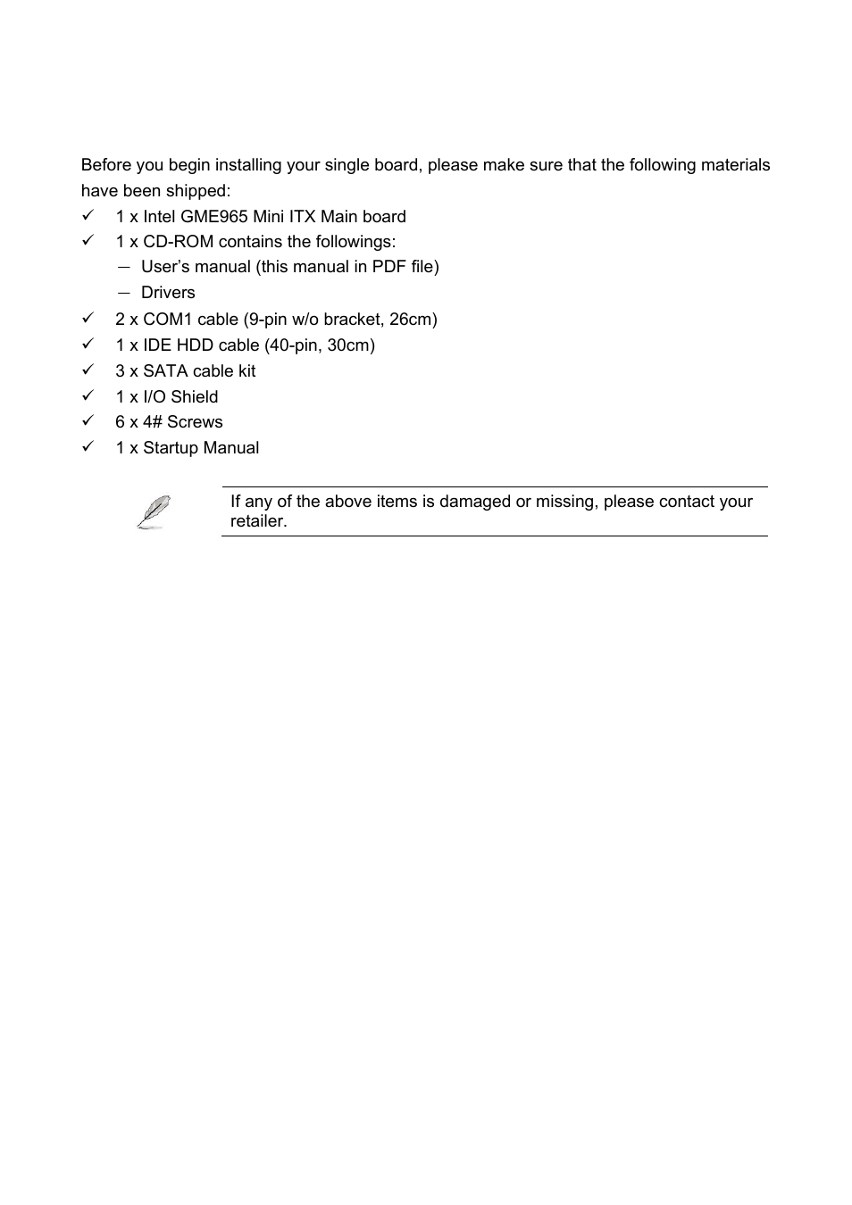 Packing list | Intel EMX-965GME User Manual | Page 6 / 43