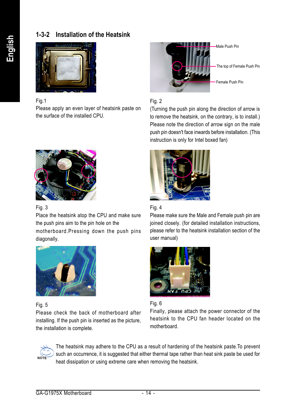 English, 3-2 installation of the heatsink | Intel GA-G1975X User Manual | Page 14 / 112