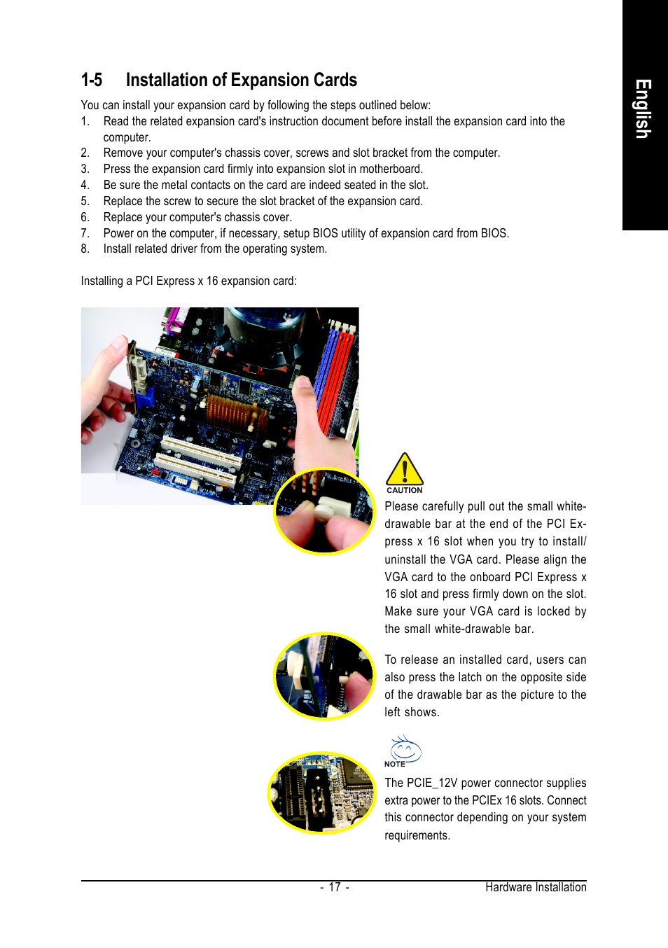 English, 5 installation of expansion cards | Intel GA-G1975X User Manual | Page 17 / 112