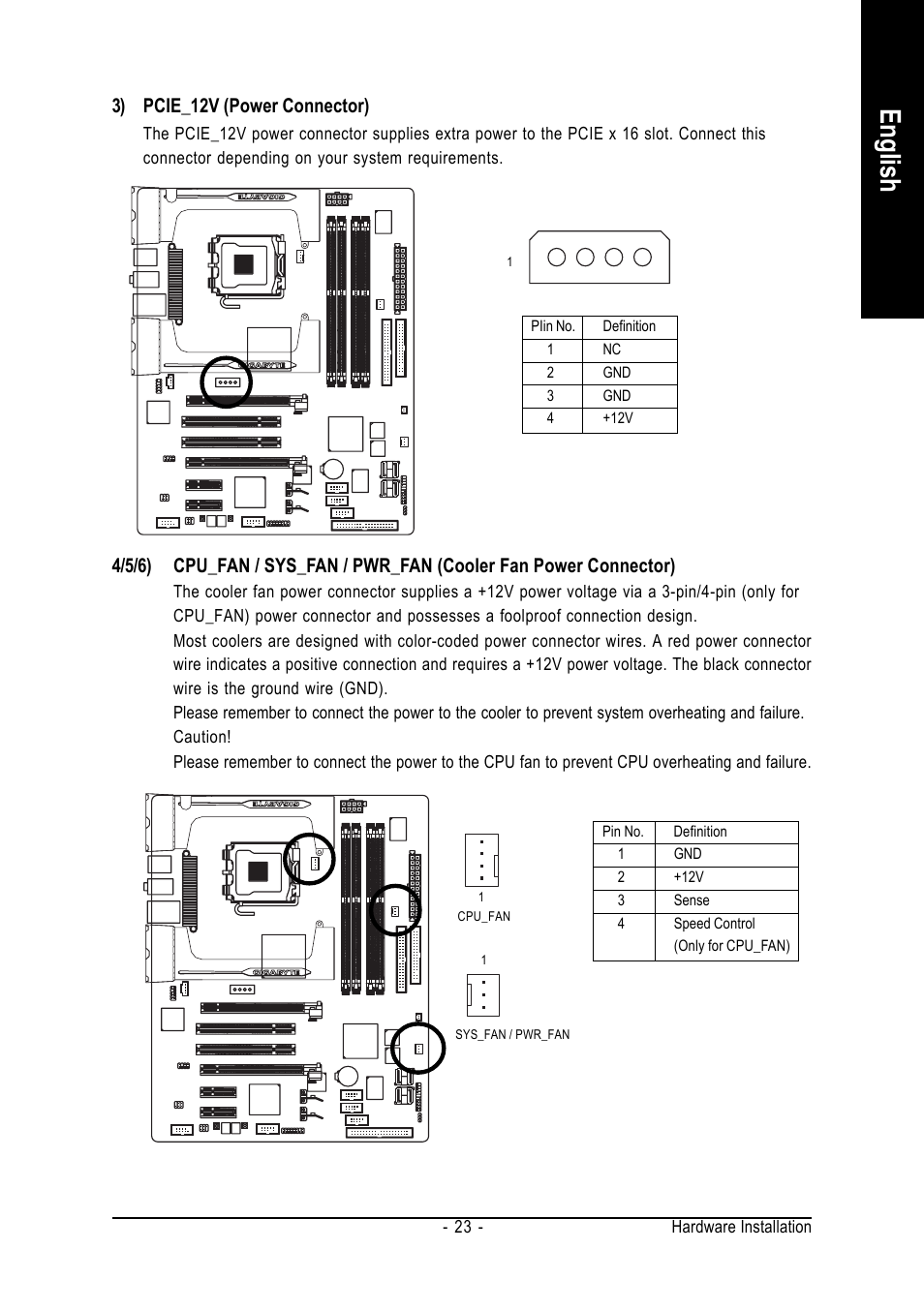 English, 3) pcie_12v (power connector) | Intel GA-G1975X User Manual | Page 23 / 112