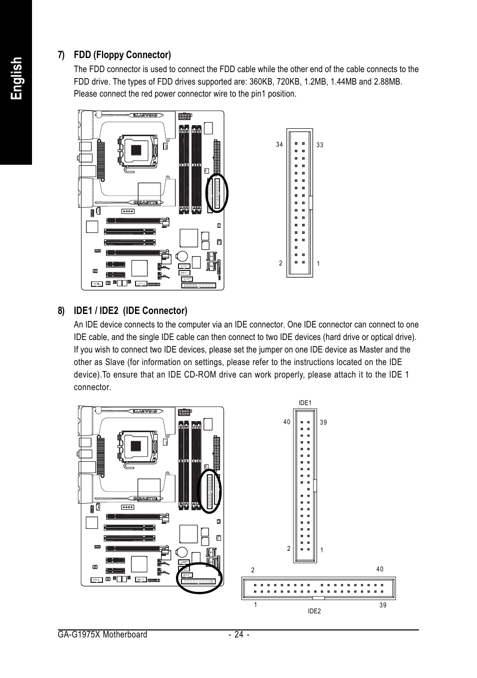 English, 7) fdd (floppy connector), 8) ide1 / ide2 (ide connector) | Intel GA-G1975X User Manual | Page 24 / 112